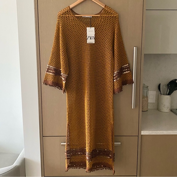 Zara mustard crochet knit bell sleeve sequin embellished kaftan dress - Picture 6 of 9
